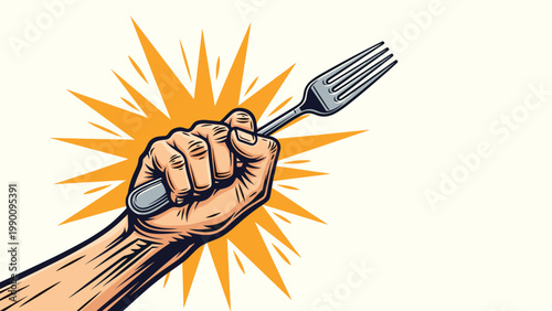 Bold pop art style illustration of a hand firmly holding a metal fork, bursting with energy and dynamic comic book elements.