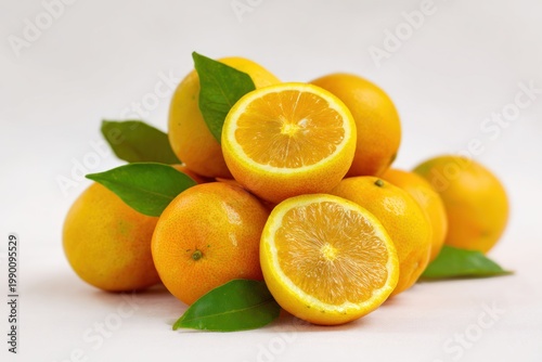 Pile of fresh oranges one cut in half with green leaves