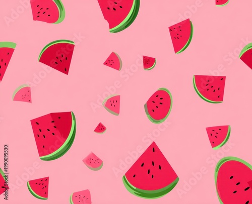 Scattered watermelon slices on a solid pink background pattern