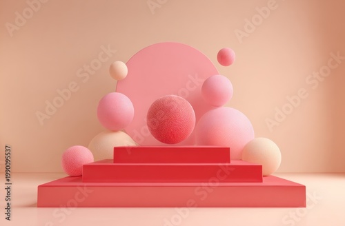 Abstract geometric display with textured spheres and pink podium