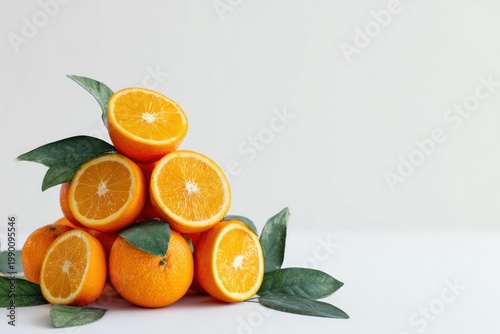 Stack of fresh oranges with dark green leaves against white background