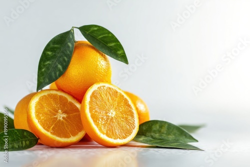Bright orange citrus fruit halves and whole fruit with green leaves.