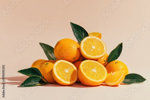 Pile of bright oranges with dark green leaves on pale background.