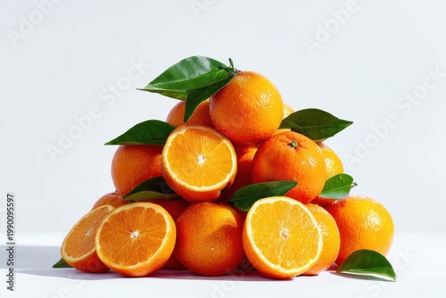 Stack of fresh oranges with leaves against a bright white background.