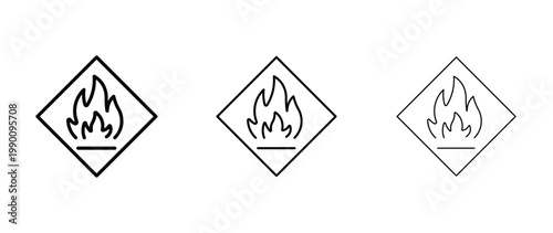 Flammable material warning icons, set of 3 fire hazard sign vectors, minimalist flame symbol in diamond frame for industrial safety labeling
