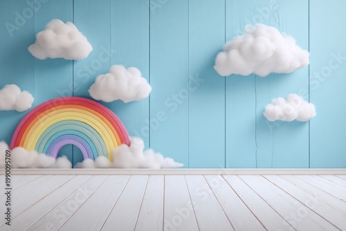 Colorful rainbow and white clouds against blue wooden wall background