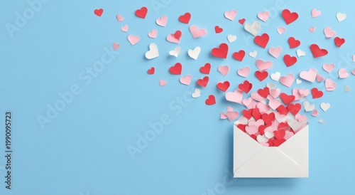White envelope spilling red pink and white paper hearts on blue