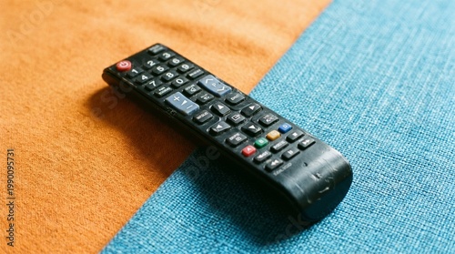 Two black Sony remotes overlap diagonally on a split orange-blue background, symbolizing control, technology, and vivid contrast.