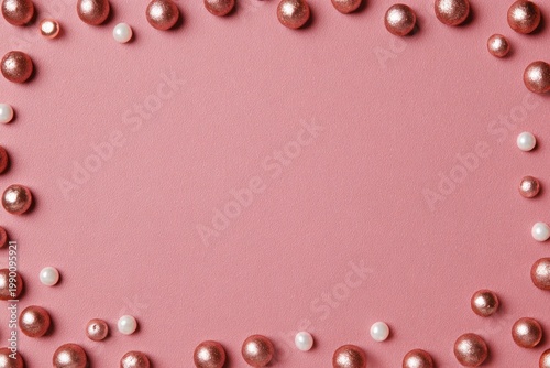 Pink background border with rose gold and white pearl candy spheres