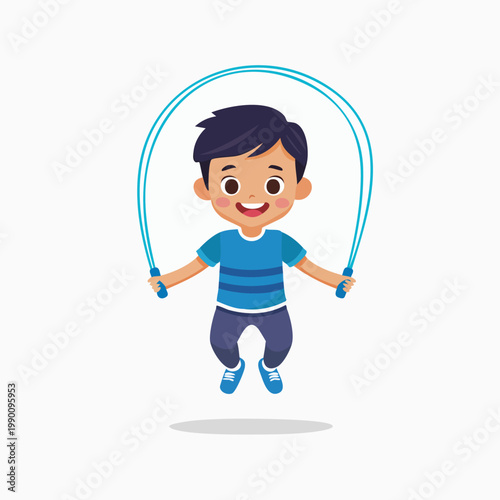 Happy cartoon boy jumping rope with a cheerful expression on a plain white background