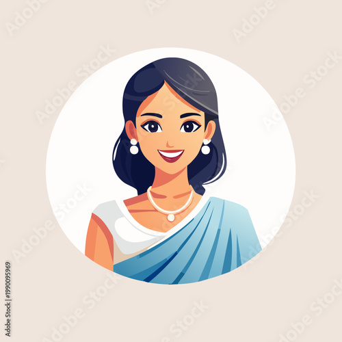 Smiling woman in traditional attire with jewelry, depicted in a friendly avatar illustration.
