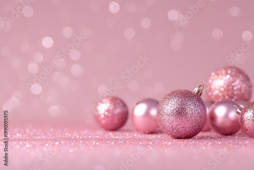 Pink glittery christmas ornaments on sparkling surface background