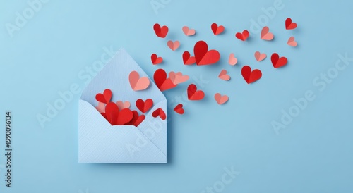 Light blue envelope releasing red paper hearts against a blue background.