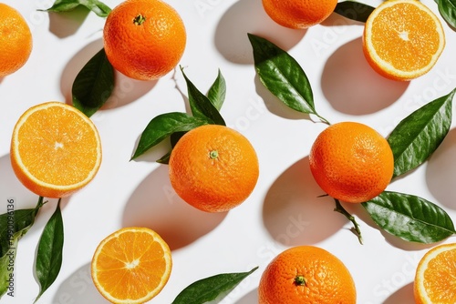 Bright oranges and green leaves scattered on a white background.