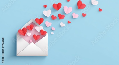 Paper hearts emerging from an open envelope on a blue background.