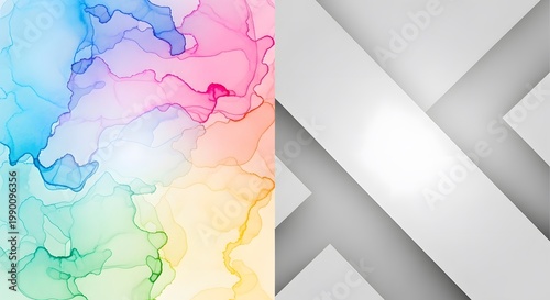 Dynamic Abstract Split Background with Vibrant Alcohol Ink Art and Modern Geometric Grey Design for Contemporary Visuals