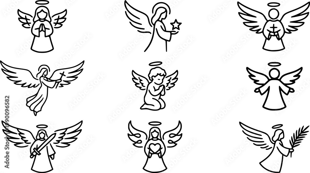 Obraz premium Simple angel with wings logo linear stencil silhouette archangel vector 