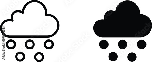 Minimalist snow cloud icons set, black and white winter weather symbols, flat vector hail and snowfall signs for meteorology apps