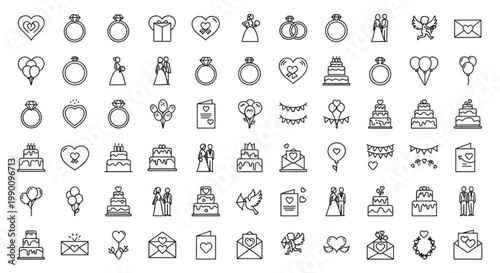 Various wedding related icons and symbols are displayed.