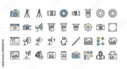 Various photography and editing tools icons are displayed