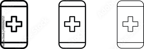 Medical mobile app icons with cross symbol, healthcare smartphone interface vector set, digital health and telemedicine line icons