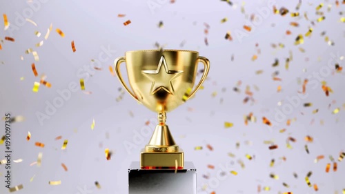 Gold Trophy with Star and Falling Confetti on Light Background