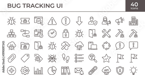 Bug Tracking UI Icon Set Outline Style with Issue Management Debugging Tools Error Monitoring and Development Workflow for Apps