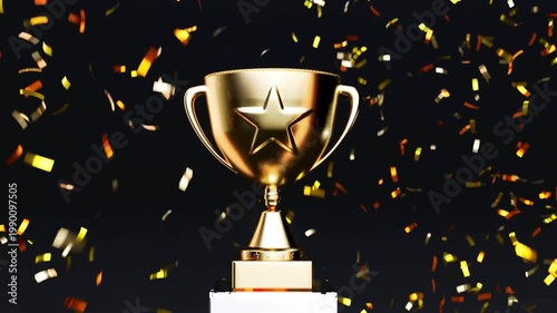 Golden Trophy with Falling Confetti on Black Background