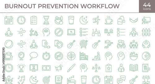 Burnout Prevention Workflow Icon Set Outline Style with Mental Health Stress Management Wellness Routine and Productivity Tools for Apps