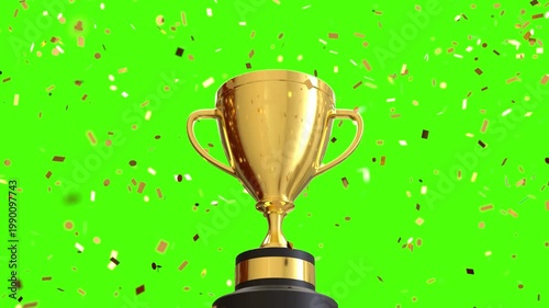 Golden Trophy Cup with Falling Confetti on Green Screen Background