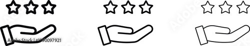 Minimalist hand holding three stars icon set, black line art customer rating symbols, feedback and quality service vector illustrations for business