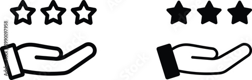 Customer rating star icons in human hand, feedback and review symbols, black line and solid vector set for business service quality