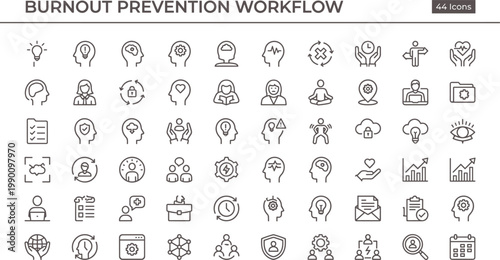 Burnout Prevention Workflow Outline Icon Set with Mental Health Stress Management Wellness Tracking and Productivity Tools for Apps