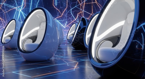 Futuristic egg-shaped seating pods arranged in a modern digital environment with glowing blue and orange circuits