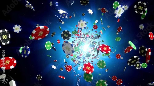 Colorful 3D Casino Chips Flying Through Glowing Light Tunnel