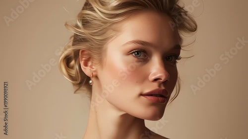 Radiant Elegance: A captivating portrait showcases a woman with luminous skin and gracefully styled hair, radiating inner beauty and poise.