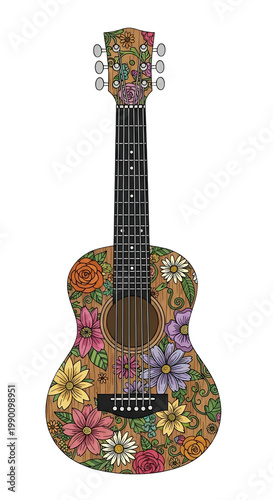 Floral Acoustic Guitar Illustration with Natural Wood and Colorful Flowers