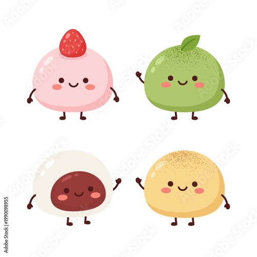 Cute mochi characters kawaii food illustrations