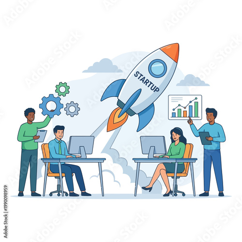 Business startup concept with rocket launch and team working project