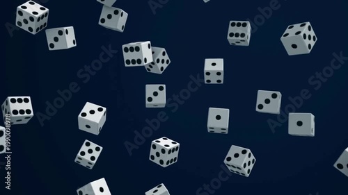 Falling White Dice Animation on Dark Background