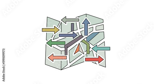 Abstract arrows and shapes representing direction and movement.