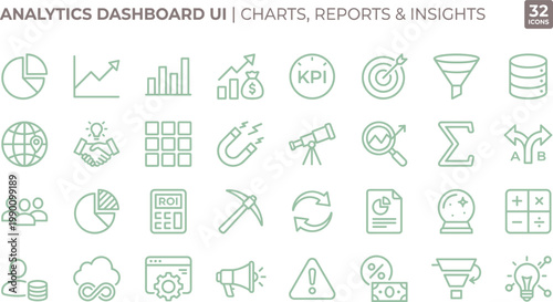 Analytics dashboard UI icon set in minimal outline style for data charts reports insights and business performance monitoring applications