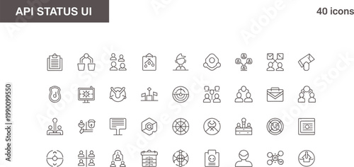 API status UI icon set in minimal outline style for system monitoring integration performance indicators and development interface design