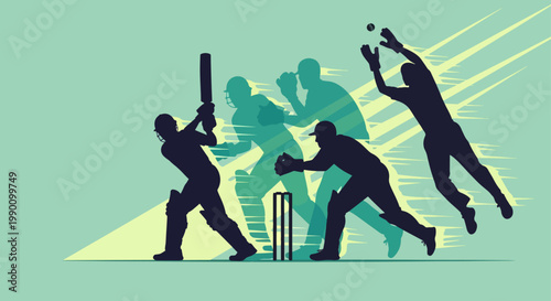 Cricket match action silhouette with batsman and fielders