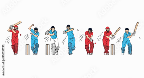 Cricket Players in Action Poses Collection Watercolor Illustration