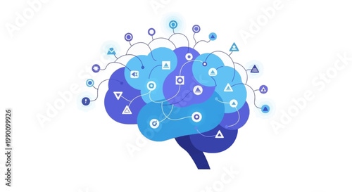 Abstract digital brain with network connections and icons.