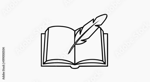 Open book with a feather pen on a minimalistic background