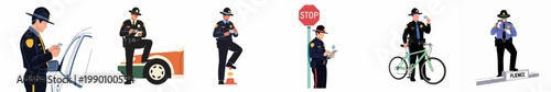 Fotografie A set of flat vector illustrations featuring police officers and state troopers in various traffic law enforcement scenarios, checking licenses and writing tickets