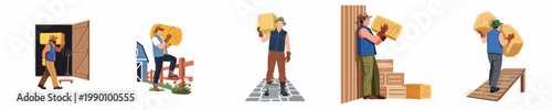 Collection of flat vector illustrations featuring a male farmer performing various agricultural tasks such as carrying and stacking hay bales on a farm.