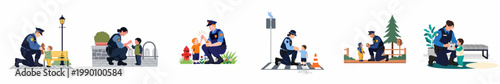 Set of illustrations depicting police officers interacting kindly with children in various community settings, promoting safety and trust.